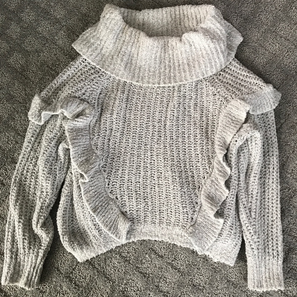 Express light grey sweater w/ ruffle detail. Cowl neck or off the shoulder